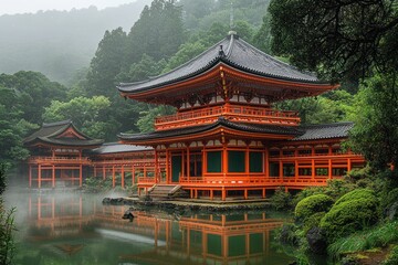 Naklejka premium Traditional Japanese Temple Reflecting in a Misty Pond