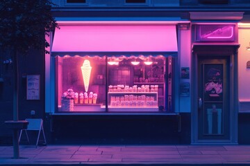 Fototapeta premium A nighttime city scene with a neon-lit ice cream shop window glowing brightly