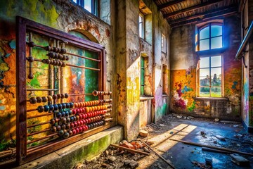 Fototapeta premium Captivating Urban Exploration Photography Featuring a Unique Abacus Surrounded by Abandoned Spaces and Urban Decay, Evoking a Sense of Nostalgia and Discovery in Urban Landscapes