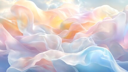 Fototapeta premium Abstract ethereal background of flowing pastel fabric with clouds and sunshine.
