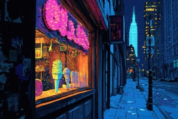 A nighttime city scene with a neon-lit ice cream shop window glowing brightly