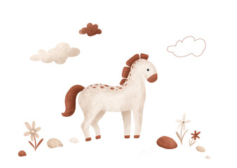 Poster with beige cartoon horse with burgundy mane and clouds with rainbow and flower. Template postcard for text for Baby Party. Illustration animal scandinavian style on isolated background