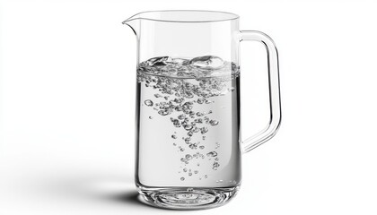 Clear glass pitcher filled with sparkling water on a white background