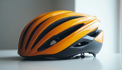Fototapeta premium Bright orange cycling helmet placed on a table, showcasing its sleek design and features