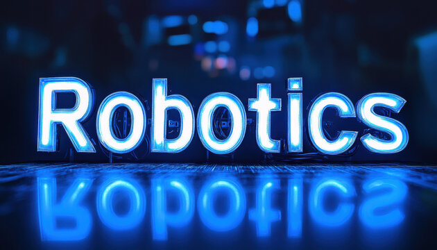 Glowing 'Robotics' text on a dark blue futuristic background, highlighting the advancement and innovation in technology fields.