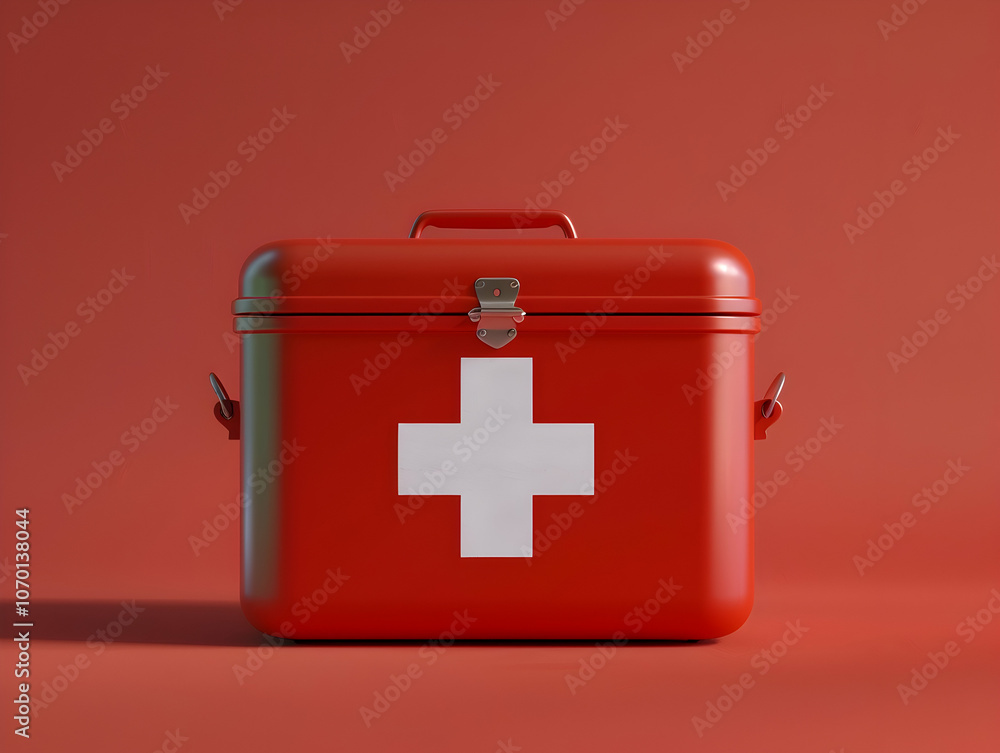 Poster 3d red first aid box with a white cross on it, isolated in the middle of a blank background