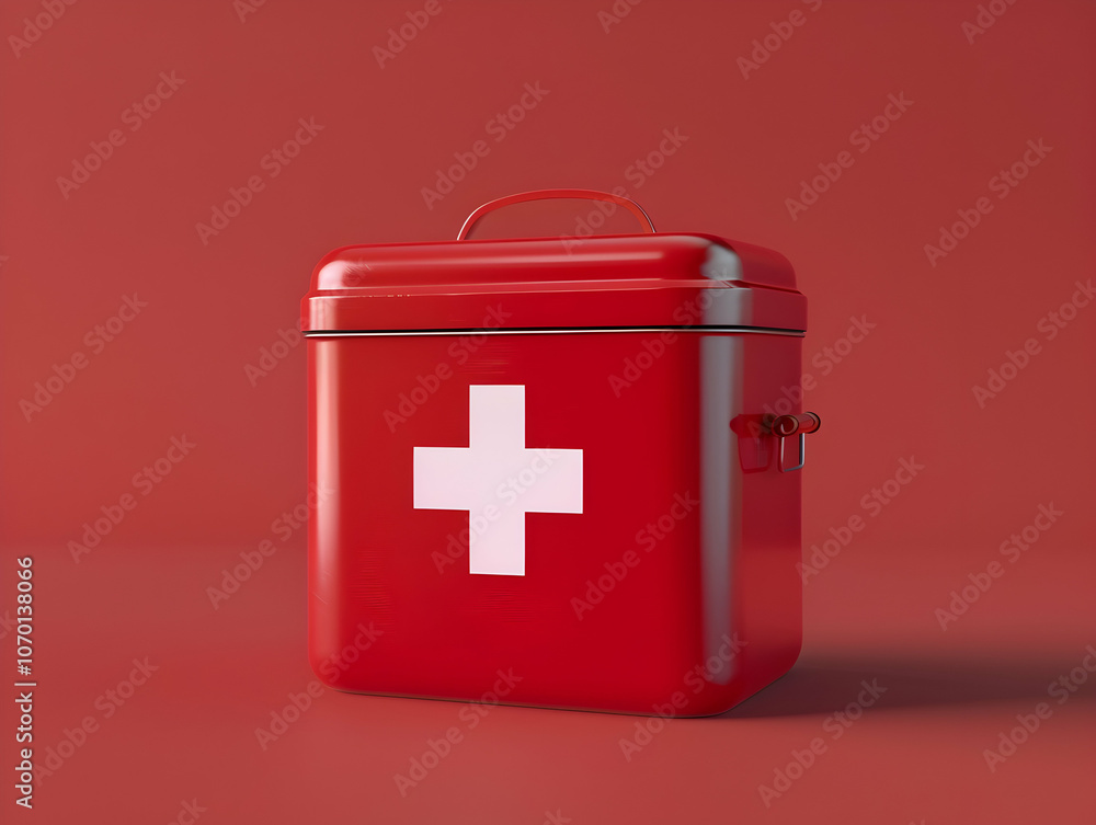 Poster 3d red first aid box with a white cross on it, isolated in the middle of a blank background