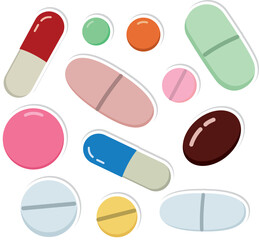 Stickerpack of different pills and capsules. Set of flat medical concept elements
