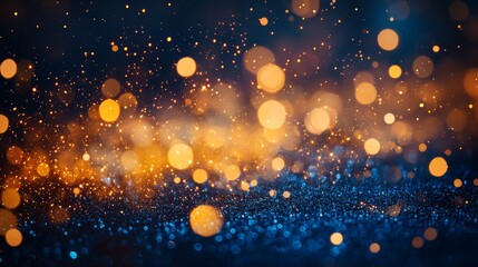Obraz premium Navy Blue and Gold Bokeh Celebration, a vibrant shimmering effect in rich colors, ideal for seasonal promotions, conveying warmth, joy, and festive spirit.