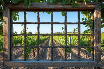 Countryside vineyard view through rustic wooden frame