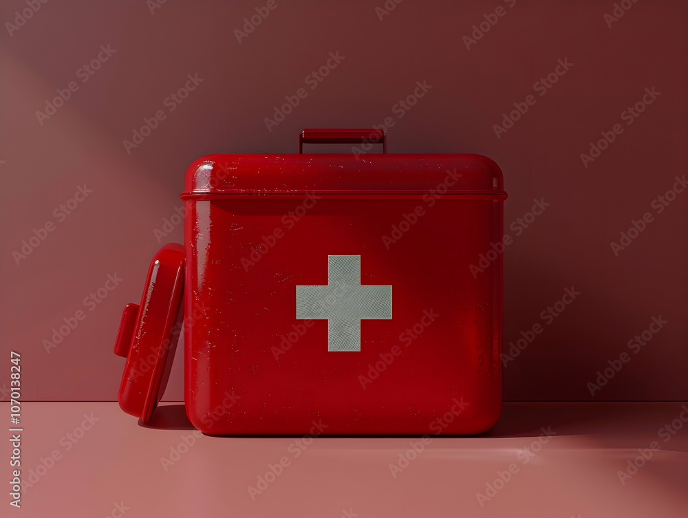 Poster 3d render of a red first aid box with a white cross on it, isolated against a studio background