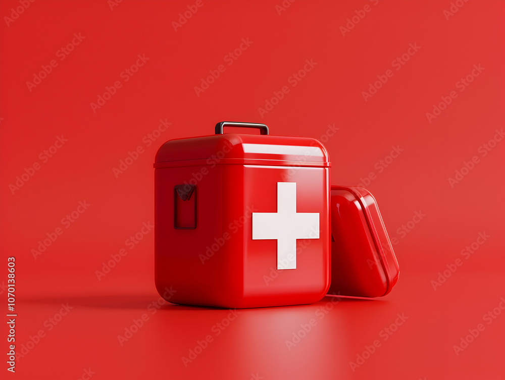 Poster 3d render of a red first aid box with a white cross on it, isolated against a studio background