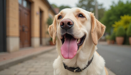 Happy Labrador dog outdoors with tongue out on sunny day
