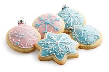 A festive assortment of Christmas cookies shaped and decorated with snowflakes.
