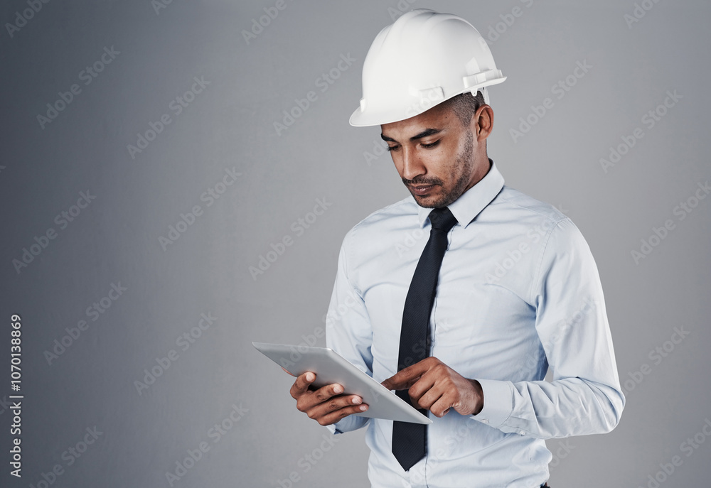 Aufkleber engineer, tablet and construction worker with web research and online blueprint in studio. contracto