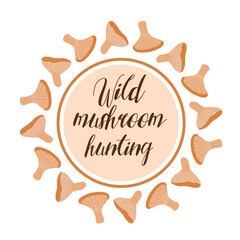 Rustic circle label with wild mushrooms arranged around text space, perfect for autumn, organic foraging themes, and forest-inspired culinary or nature illustrations.