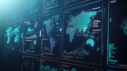 A modern financial dashboard presents live analytics of global markets, showcasing various data visualizations and trends pertinent to banking performance. Generative AI