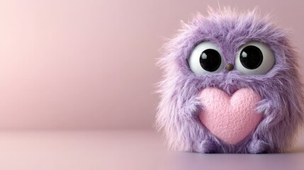 Fototapeta premium Cute purple furry monster holding a pink heart.