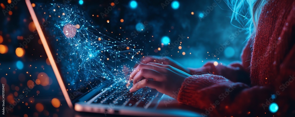 Poster a person typing on their laptop, with digital connections and data flowing from the screen towards t