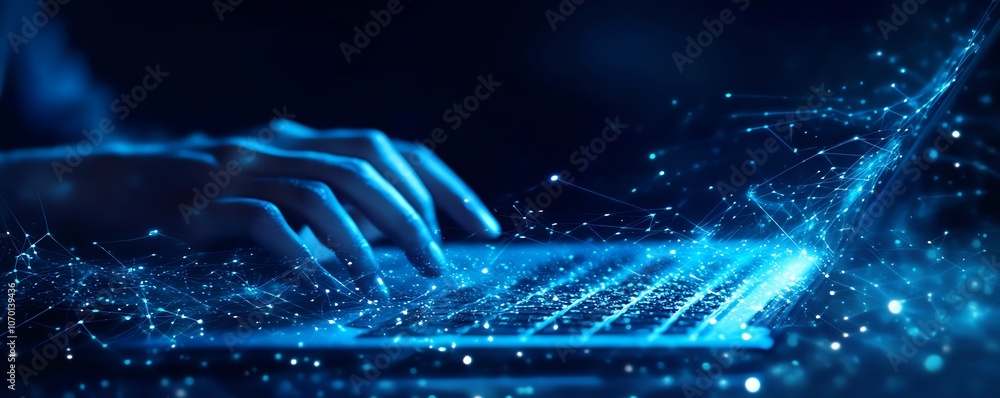 Aufkleber a person typing on their laptop, with digital connections and data flowing from the screen towards t