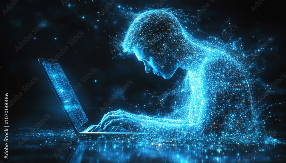 Poster a person using a laptop, with digital data flowing towards them in dark blue tones, connecting the s