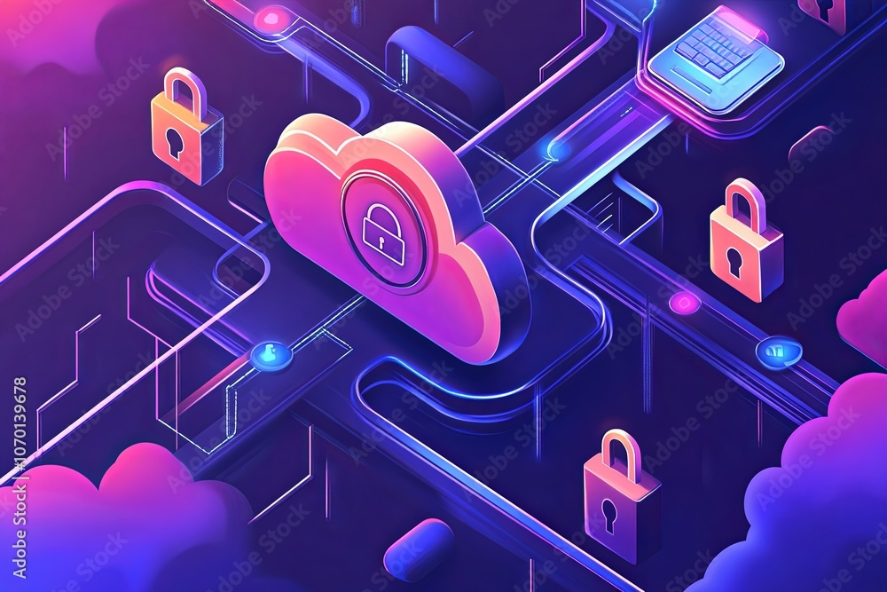 Poster illustration of cloud computing with secure data management and encryption symbols in a futuristic d