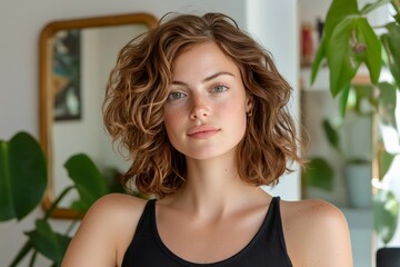 Fototapeta premium Young woman with curly hair standing confidently in a bright room filled with greenery during daylight