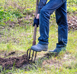 Gardener preparing soil with pitchfork in lush green landscape under bright daylight