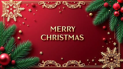 Merry Christmas card with festive decorations and copy space. Text in gold letters on a red background, spruce branches with toys in the corners, snowflakes