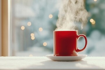 Warm Mug of Spiced Cider on Snowy Windowsill