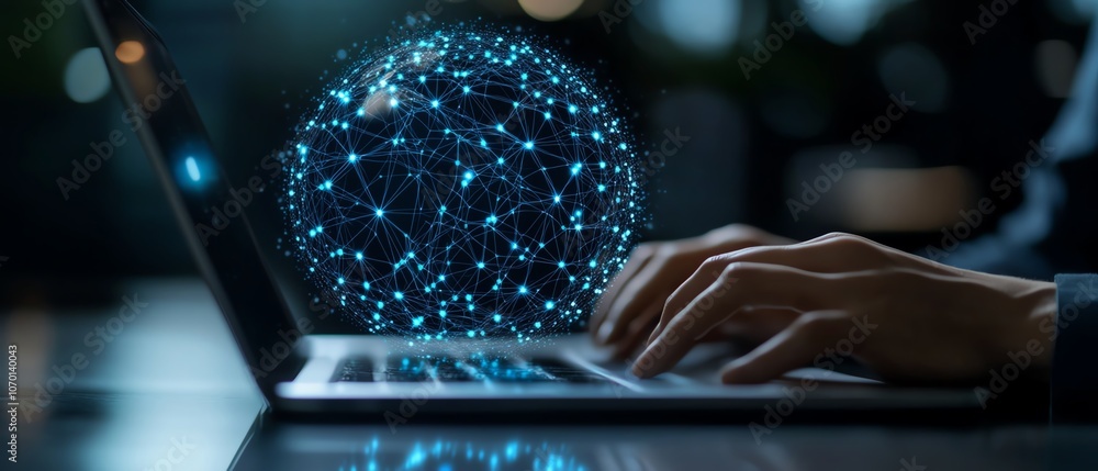 Aufkleber Business professional using a laptop, surrounded by AI technologypowered digital connections and data visualizations, reflecting how AI enhances productivity in daily work