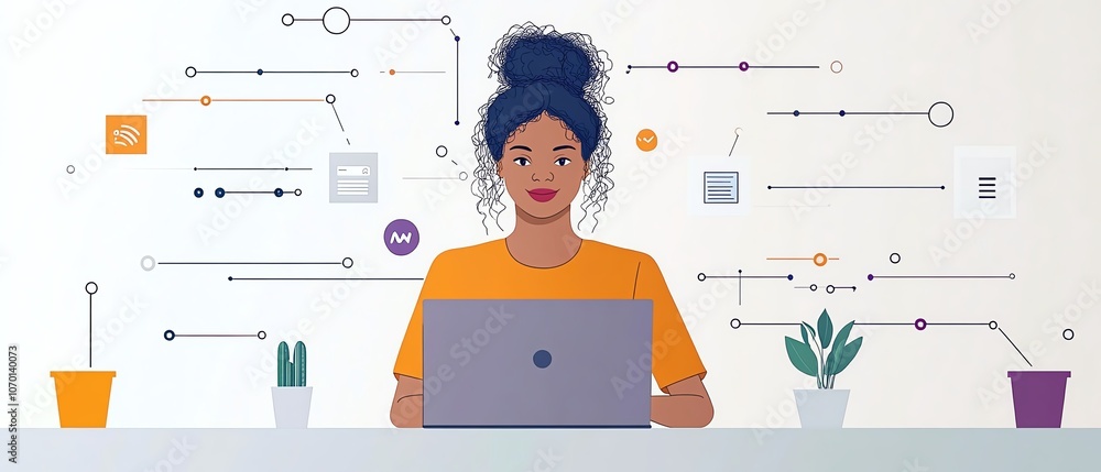 Poster Business professional using a laptop, surrounded by AI technologypowered digital connections and data visualizations, reflecting how AI enhances productivity in daily work