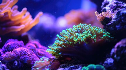 Obraz premium A close-up of vibrant coral reefs in a saltwater aquarium.