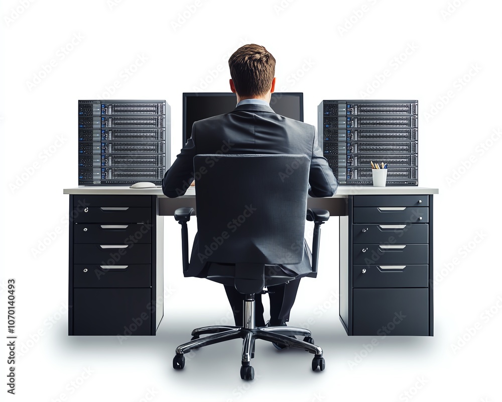 Poster Businessman sitting at a desk with a computer, large server racks, and cloud storage, on a white background with ample copy space for web design purposes