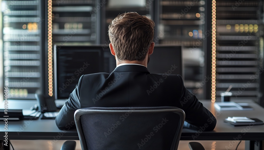 Poster Businessman sitting at a desk with a computer, large server racks, and cloud storage, on a white background with ample copy space for web design purposes