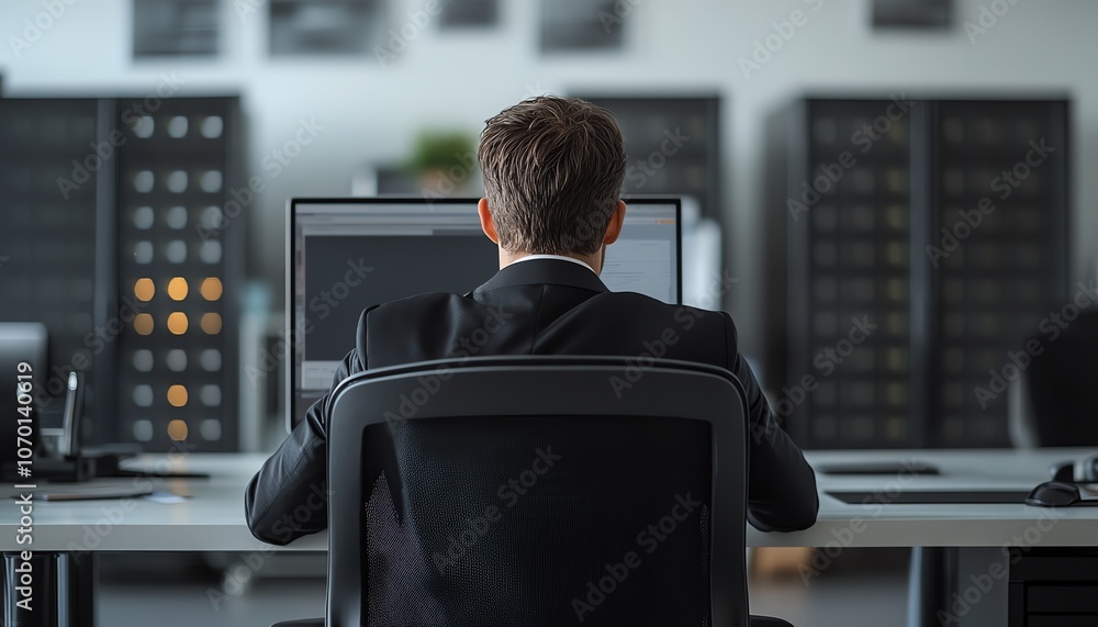 Aufkleber businessman sitting at a desk with a computer, large server racks, and cloud storage, on a white bac