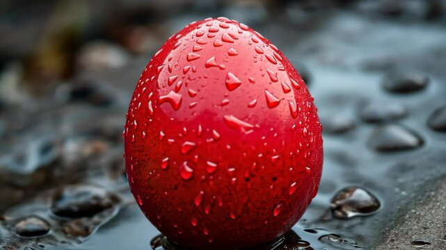 A single red Easter egg sits on a wet surface covered in stones, glistening with water droplets