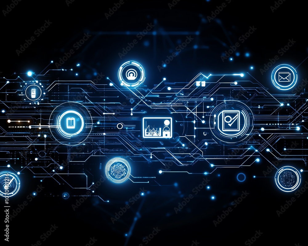 Poster dark blue background with white futuristic technology elements and digital connections, representing