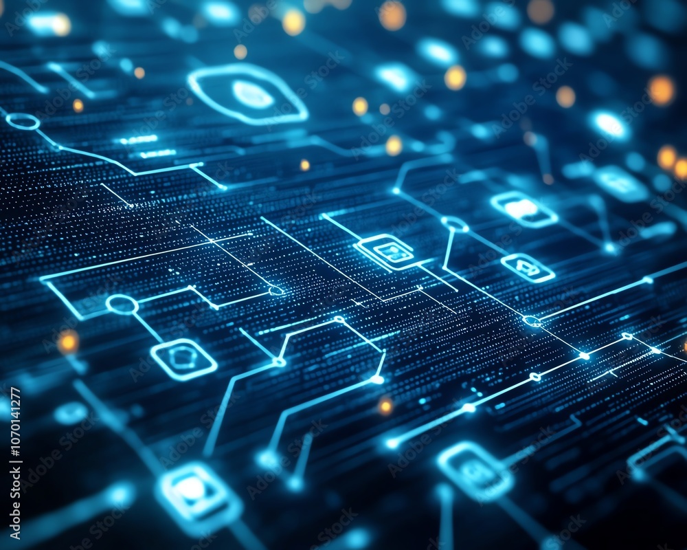 Poster dark blue background with white futuristic technology elements and digital connections, representing