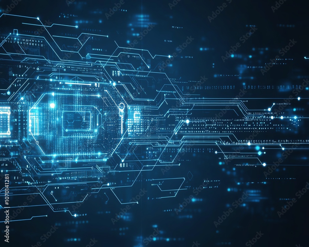 Poster dark blue background with white futuristic technology elements and digital connections, representing