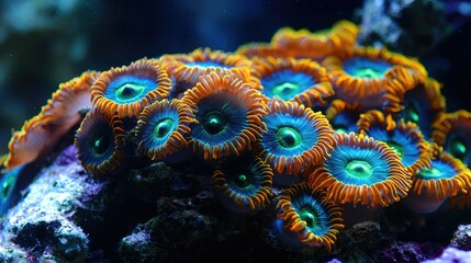 Obraz premium A close-up shot of a colony of colorful coral polyps with orange, blue and green colors growing in a reef tank.