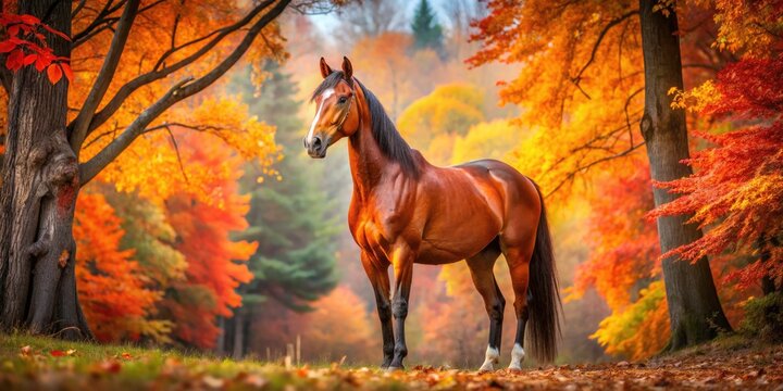 Majestic Bay Horse in Autumn Forest - Stunning Landscape Photography of Nature's Beauty with Vibrant Colors and Tranquil Scenery