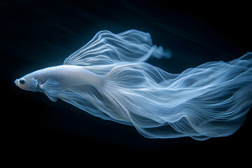 A white betta fish with flowing fins swims against a black background.