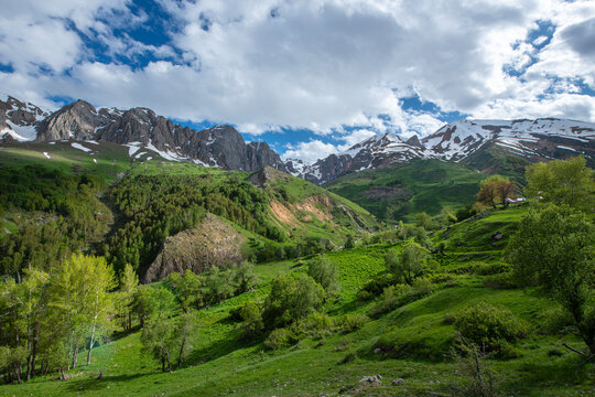 Green plains, snowy mountains. Blue sky and snowy mountains. Snowy mountains of Tunceli. P&uuml;l&uuml;m&uuml;r Valley, Buyer Mountain, Sarıg&uuml;l Plateau, Buyer Waterfall.Munzur, Tunceli, T&uuml;rkiye.

