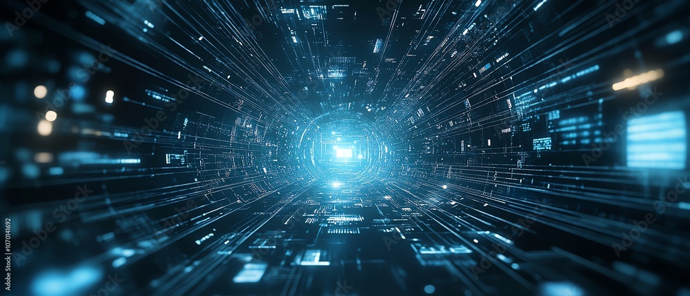 Poster Futuristic white tech elements and digital connections on a dark blue background, representing the future of digital communication and advanced technology systems