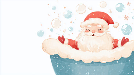 The tub and Santa are drawn with clean lines, Bubbles floating and the background is entirely white