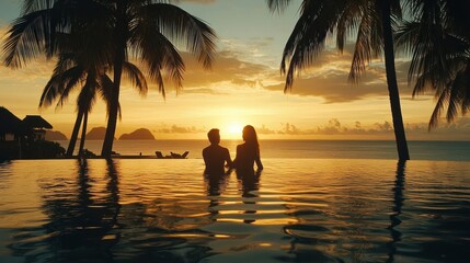 Couple Silhouetted in a Pool at Sunset with Palms and Ocean in the Background