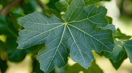 A close-up shot of a green fig leaf with visible veins.