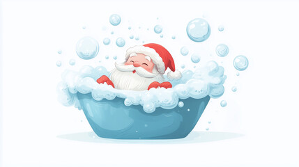 An illustration of Santa relaxing in a bubble bath, with bubbles forming into festive shapes.
