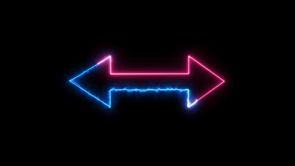 Directional colorful neon arrow icon within neon animation on isolated black background.